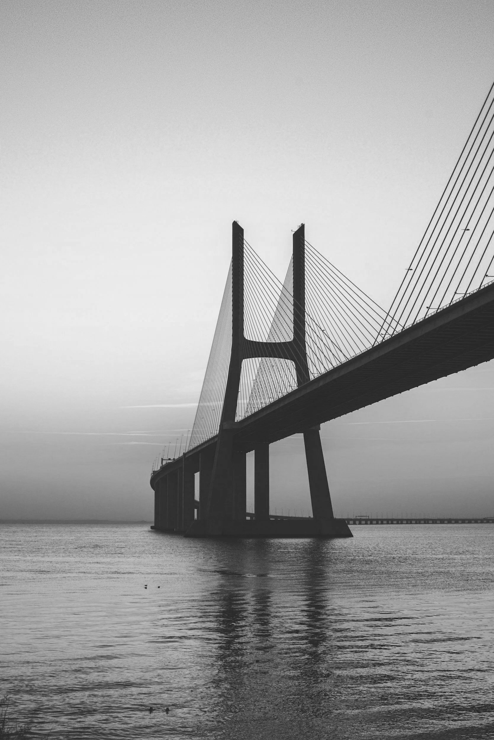 A black and white photograph of a large suspension bridge over water, with tall towers and cables extending diagonally, under a clear sky.