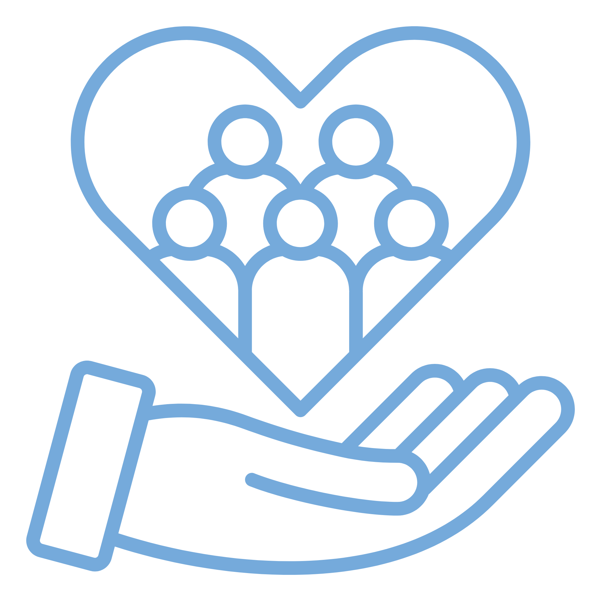 Outline of a heart with multiple small circles inside it, representing a group of people, and a hand holding a smartphone.