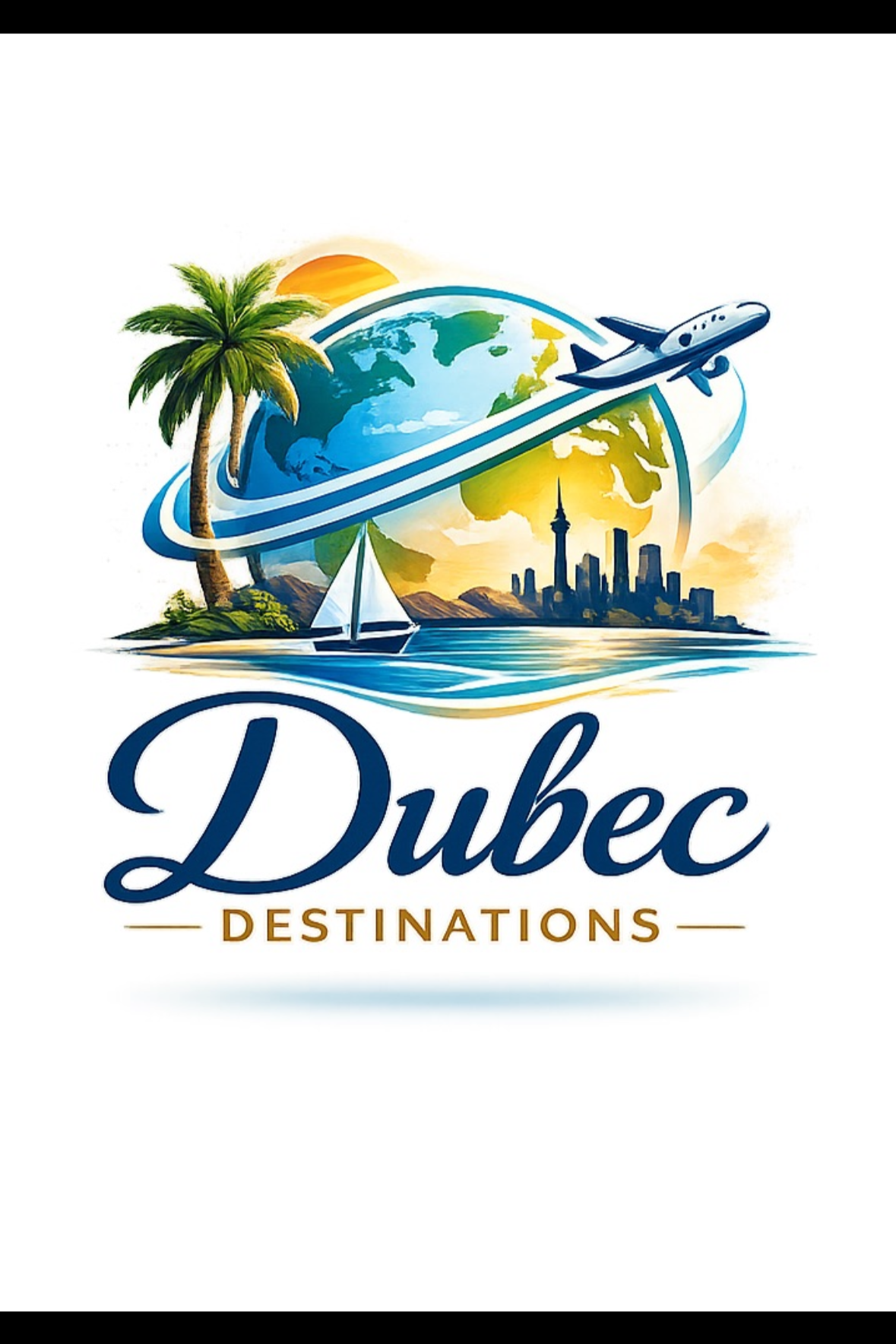 Logo for Dubai Destinations featuring a palm tree, a sailboat, a city skyline, the Earth with a sunset, and an airplane encircling the globe.