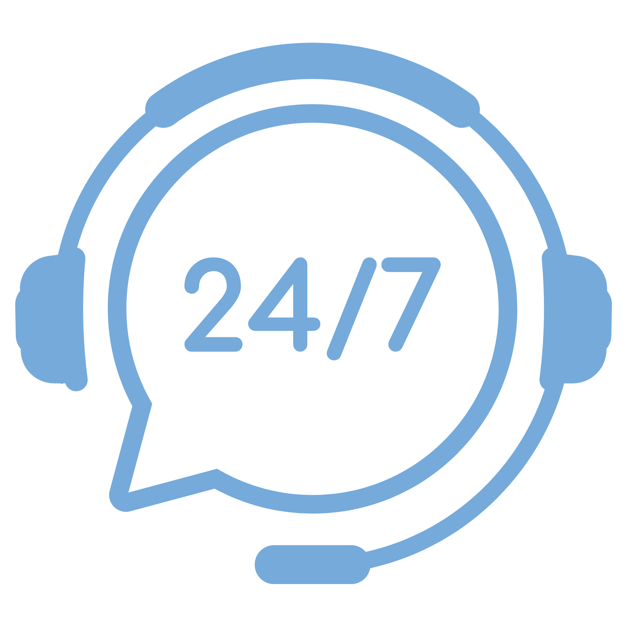 Blue stylized human face outline with headphones and the text '24/7' inside a speech bubble.