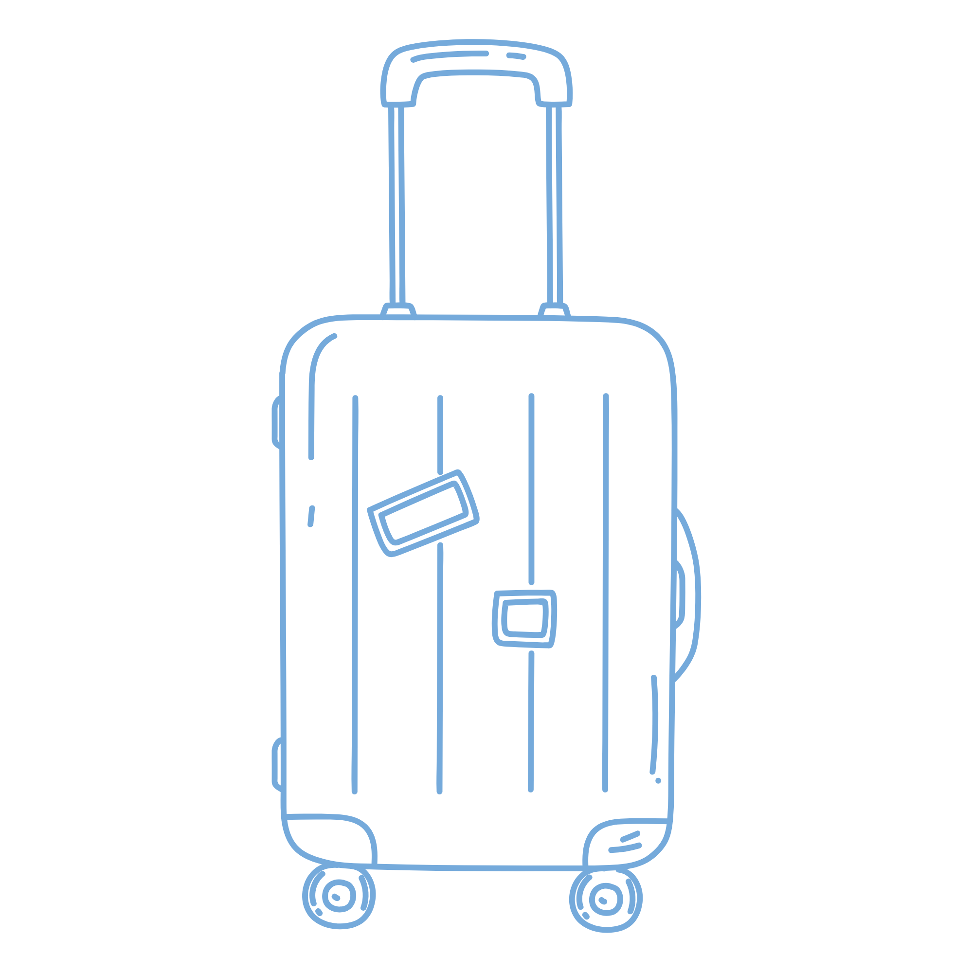 Line drawing of a suitcase with a handle, wheels, and an attached luggage tag.