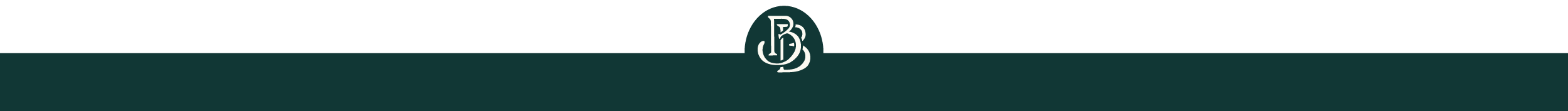 Close-up of a dark green banner with a white intertwined letter logo at the top center.