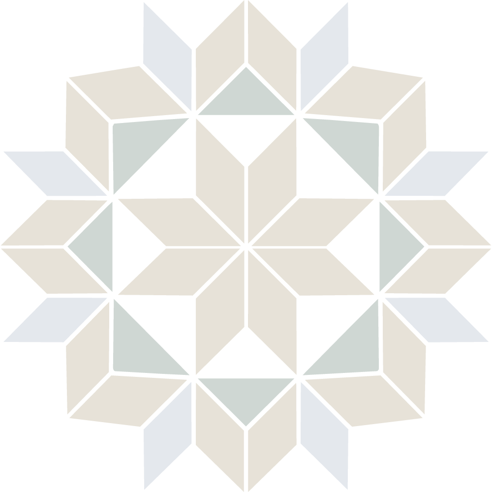 An intricate geometric quilt pattern with a star-like design formed by various shapes in brown, green, and blue on a background.