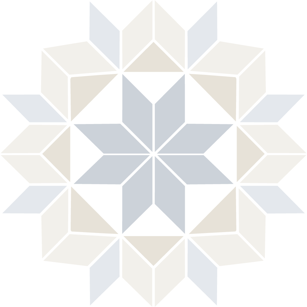 A geometric pattern composed of a central star shape with eight points, surrounded by interconnected cube shapes and diamond elements, in shades of blue, gold, and black.