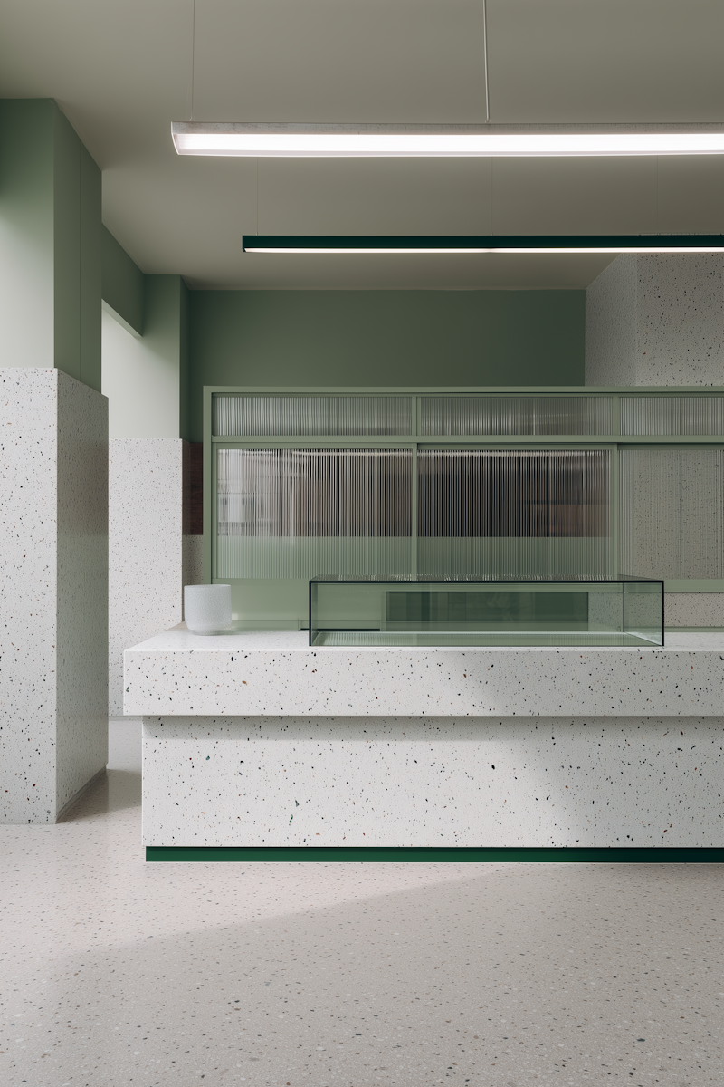 Interiores modernos en tonos verdes con mostrador de mármol y acrílico en un espacio minimalista