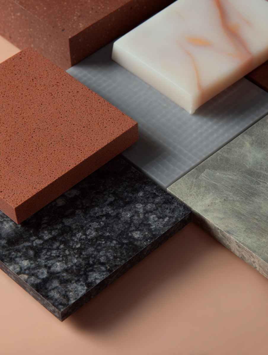 Muestras de diferentes tipos de piedra y azulejos en varias texturas y colores.