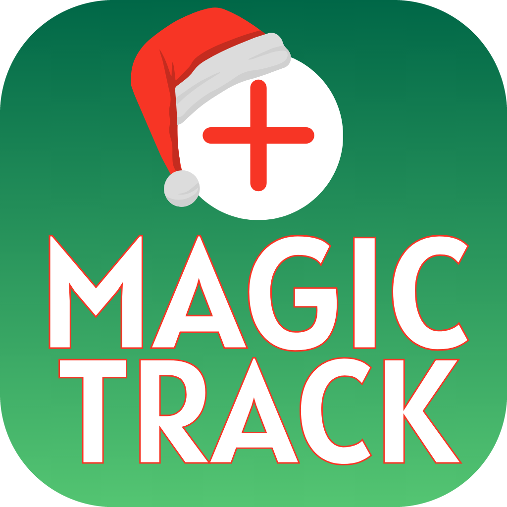 Magic Track for Disney World Christmas holiday seasonal logo. A festive holiday graphic with a Santa hat on a white circle featuring a red medical cross, and the text 'Magic Track' in bold white letters outlined in red on a green background.