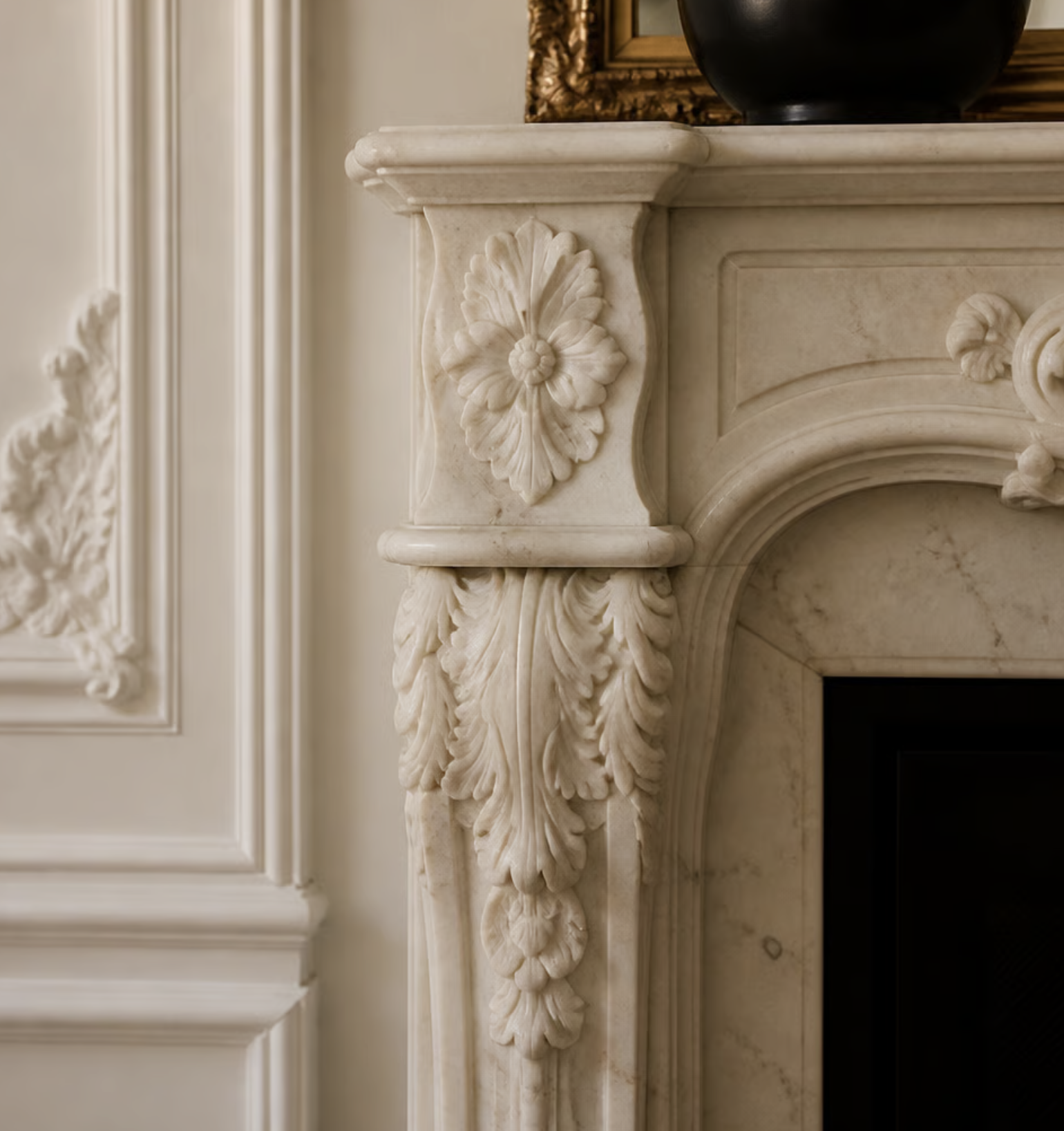 Hand-carved fireplace mantel detail — NYC interior design by Elle Emme Atelier