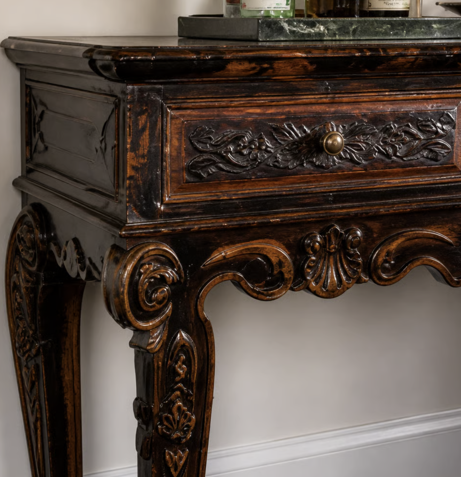 Antique carved console table detail — NYC interior design by Elle Emme Atelier