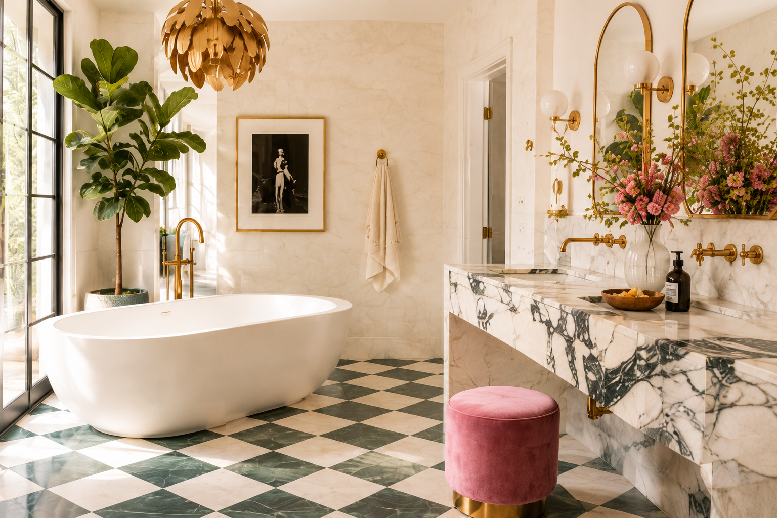 Primary bathroom with freestanding soaking tub, marble vanity, and brass fixtures — NYC interior design by Elle Emme Atelier