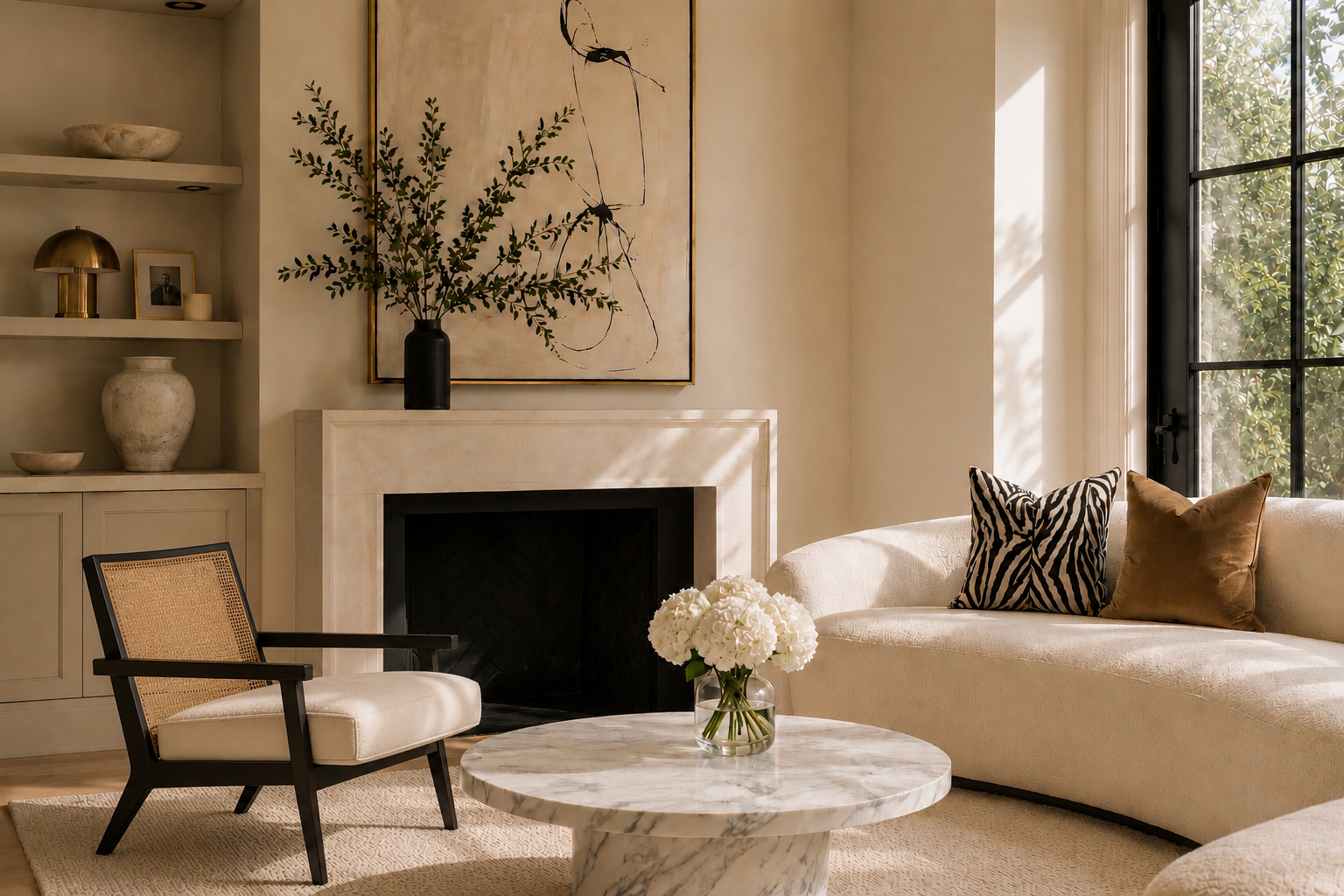 Living room with fireplace and curated styling — NYC interior design by Elle Emme Atelier