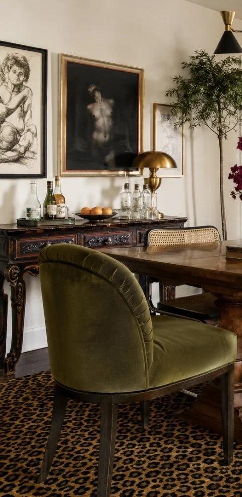 Dining room with green velvet chair and antique table — NYC interior design by Elle Emme Atelier
