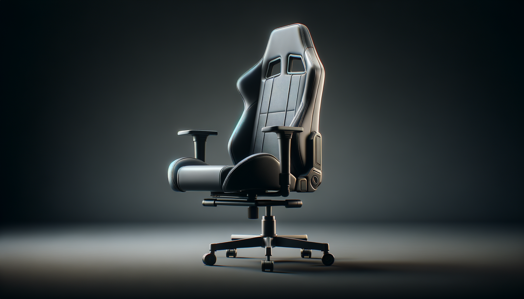 A modern ergonomic gaming or office chair with a high backrest, adjustable armrests, and a swiveling base, set against a dark background.