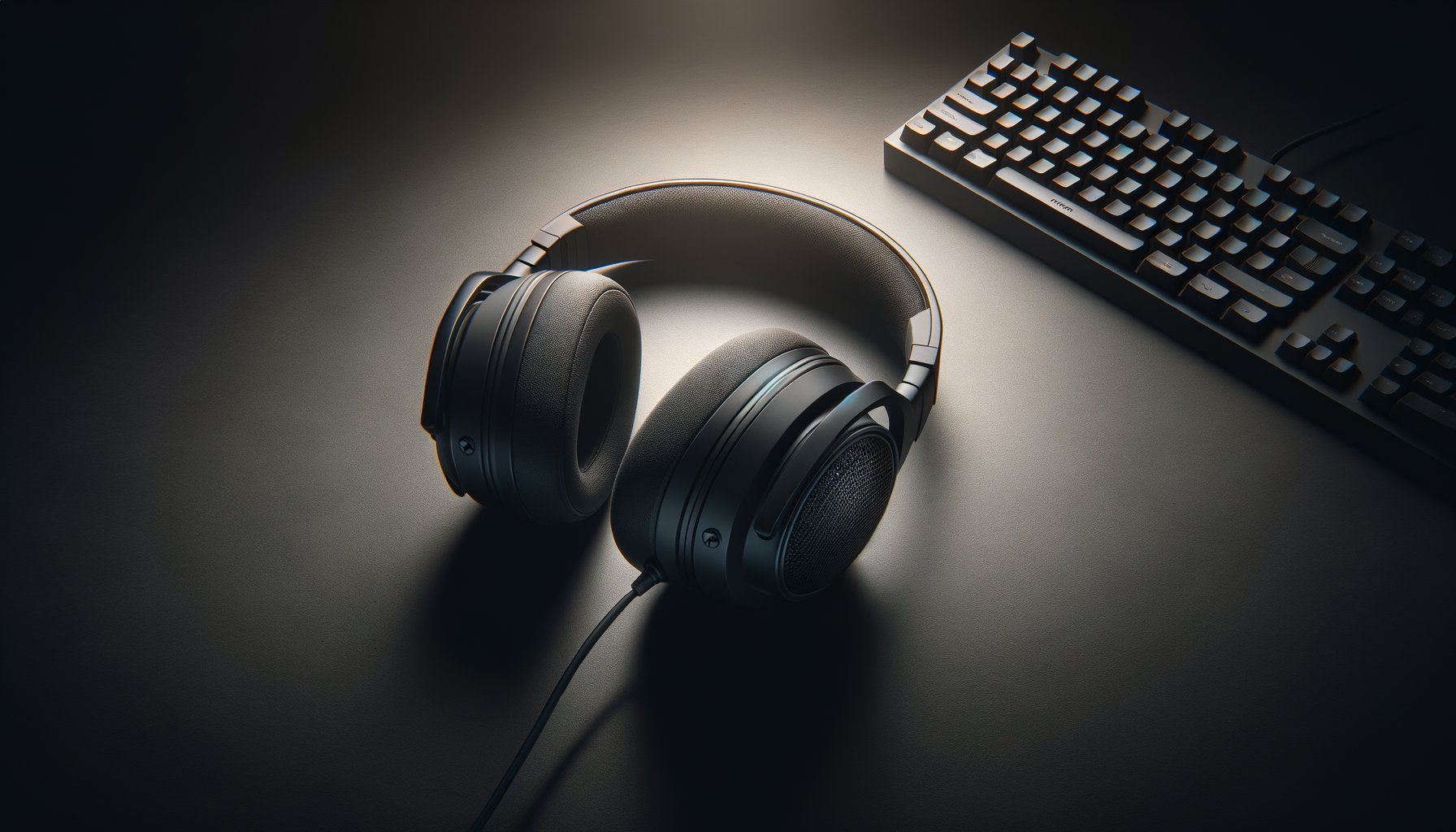 Black over-ear headphones and a computer keyboard on a gray desk with a dark background
