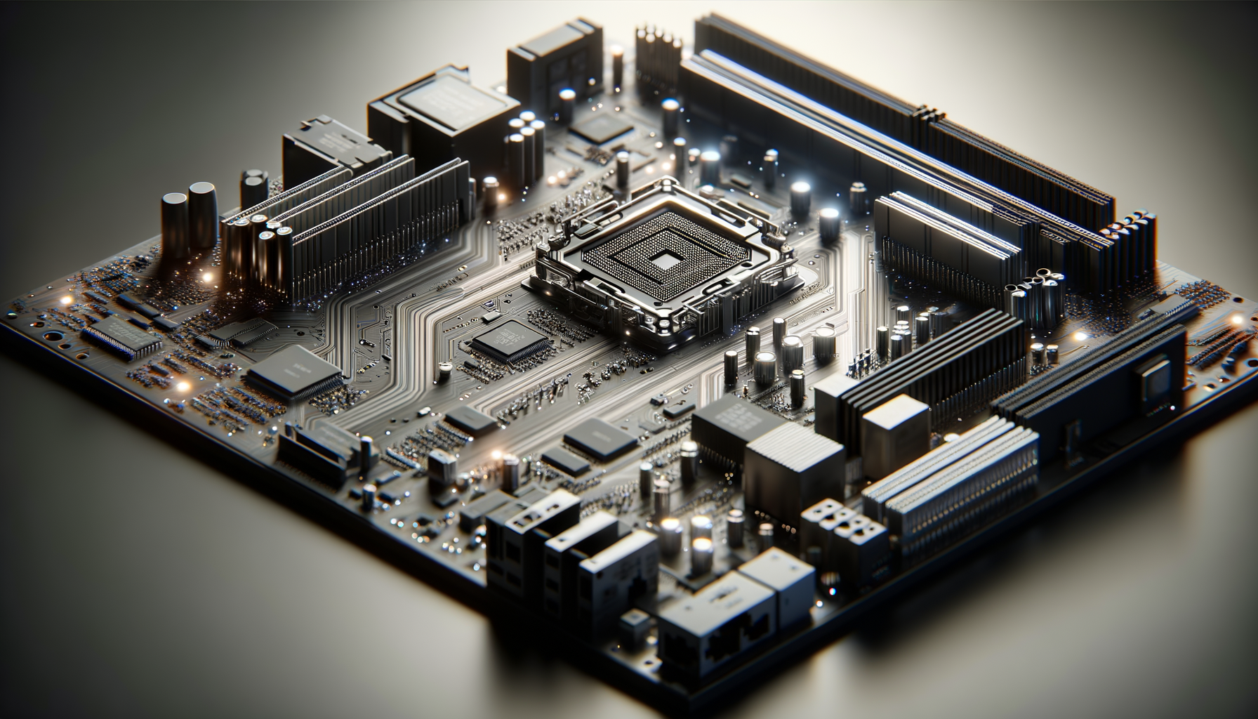 A close-up view of a computer motherboard with various electronic components, capacitors, and connectors, illuminated with a soft glow.