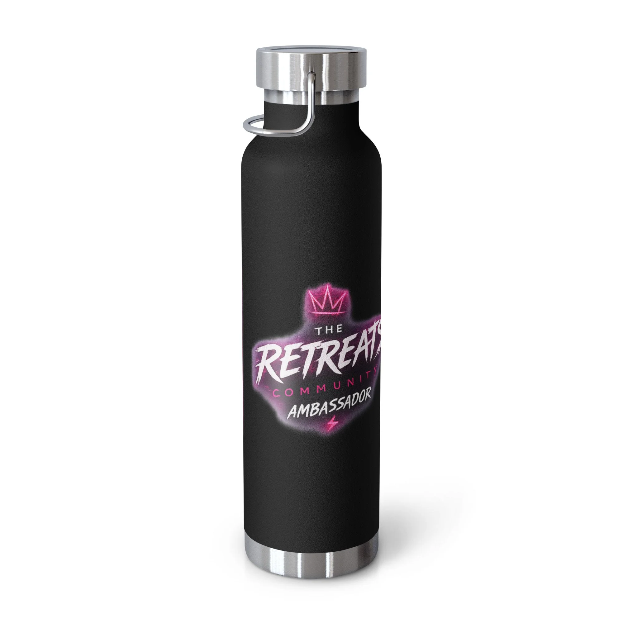A black water bottle with a silver cap and a handle. The bottle has a pink neon crown symbol and text that reads 'The Retrain Community Ambassador'.