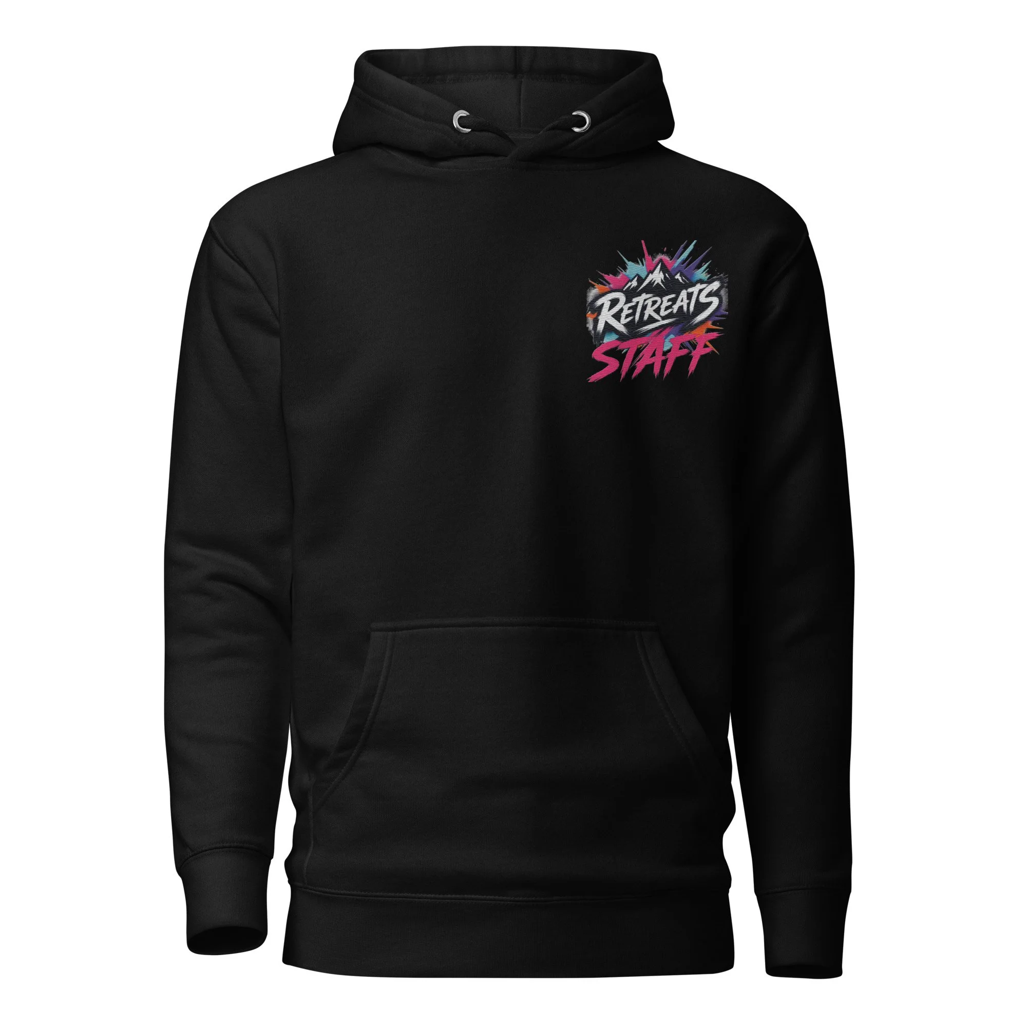 Black hoodie with colorful mountain and lightning design on the front, and the words "Retreats Staff" in stylized text.