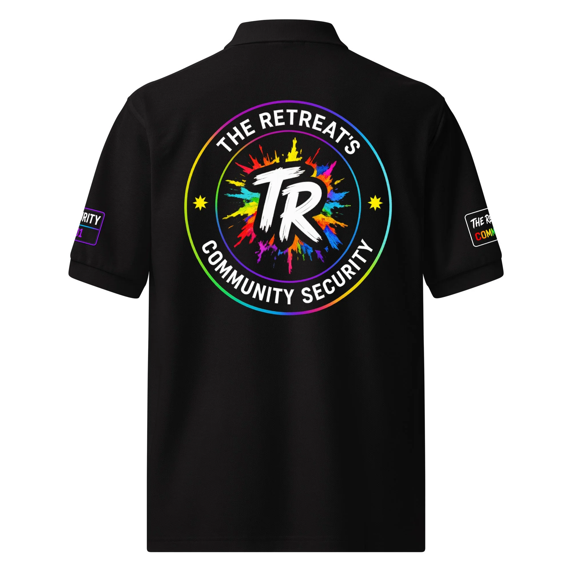 Back of a black jacket with colorful logo reading "The Retreats Community Security".