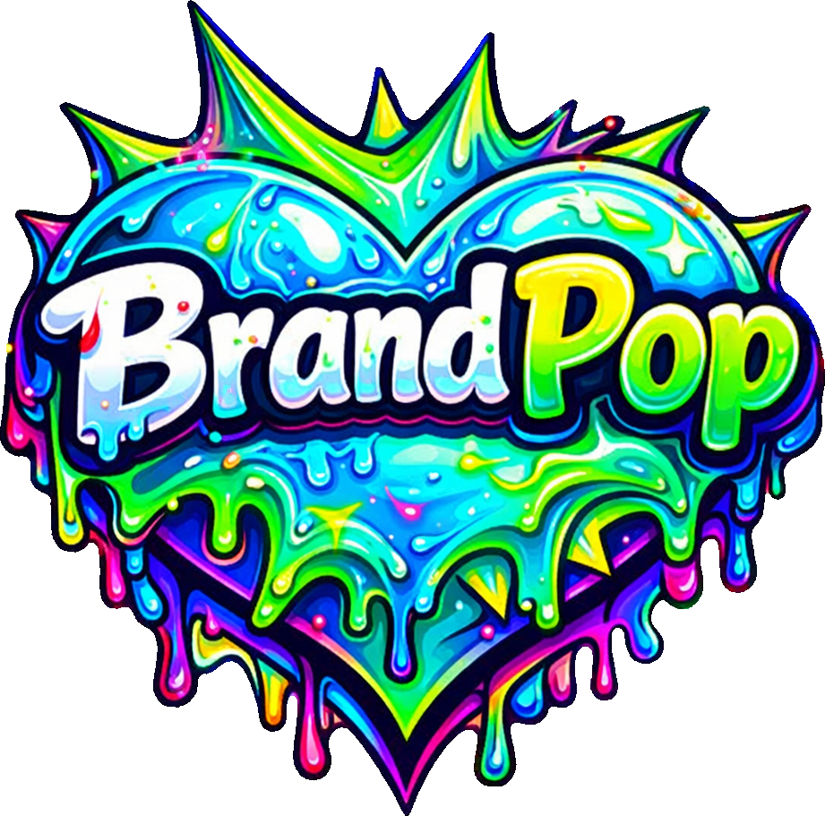 A colorful, graffiti-style heart design with the words 'Branda Pop' in bubble letters, decorated with splashes and drips of vibrant colors.