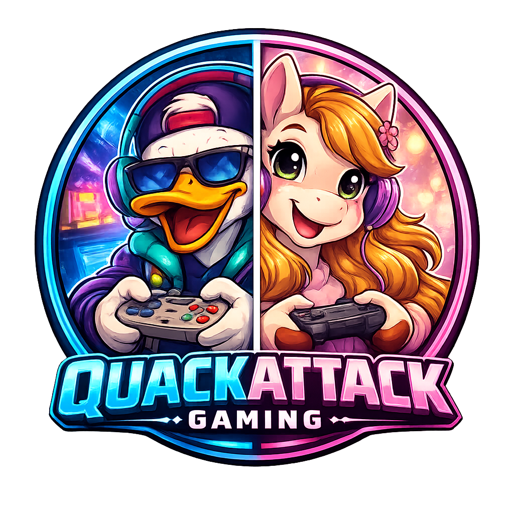 Logo for Quack Attack Gaming featuring a cartoon duck with sunglasses and headphones and a cartoon pig with a headset, both holding gaming controllers.