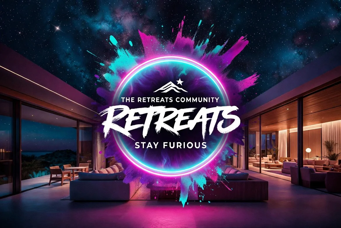 A promotional graphic for the Retreaths community, featuring a modern living room with large glass windows, a night sky with stars, and vibrant neon colors. The central text reads 'Retreats' with additional text 'The Retreats Community' and 'Stay Furious'.