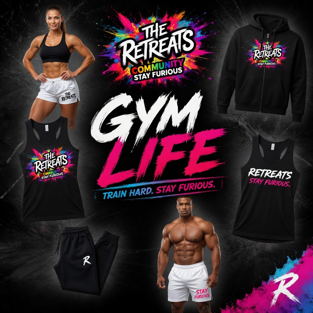 A fitness promotional collage featuring a female athlete, a shirt, a hoodie, a pair of black athletic pants, and a male athlete, with vibrant graphic text and colorful splashes. The text includes the phrases 'The Retreats,' 'Community Stay Furious,' 'Gym Life,' and motivational taglines 'Train Hard. Stay Furious.'