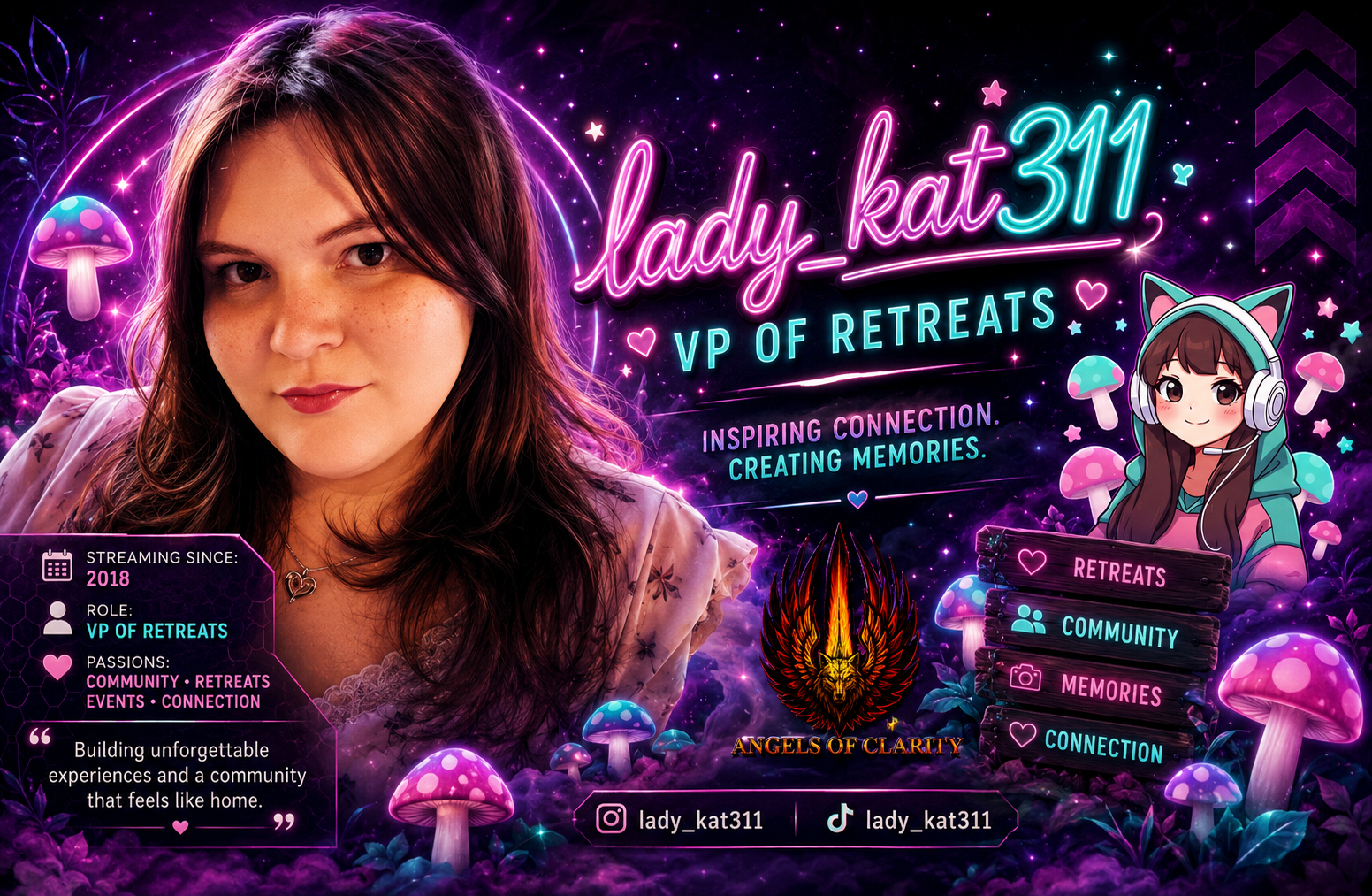 Digital graphic featuring a woman with brown hair and freckles, surrounded by neon purple and blue mushrooms, and an animated character with cat ears and headphones. Text highlights her role as VP of Retreats, streaming since 2018, and passions in community, retreats, events, and connection. Includes social media handles and logo for Angels of Clarity.