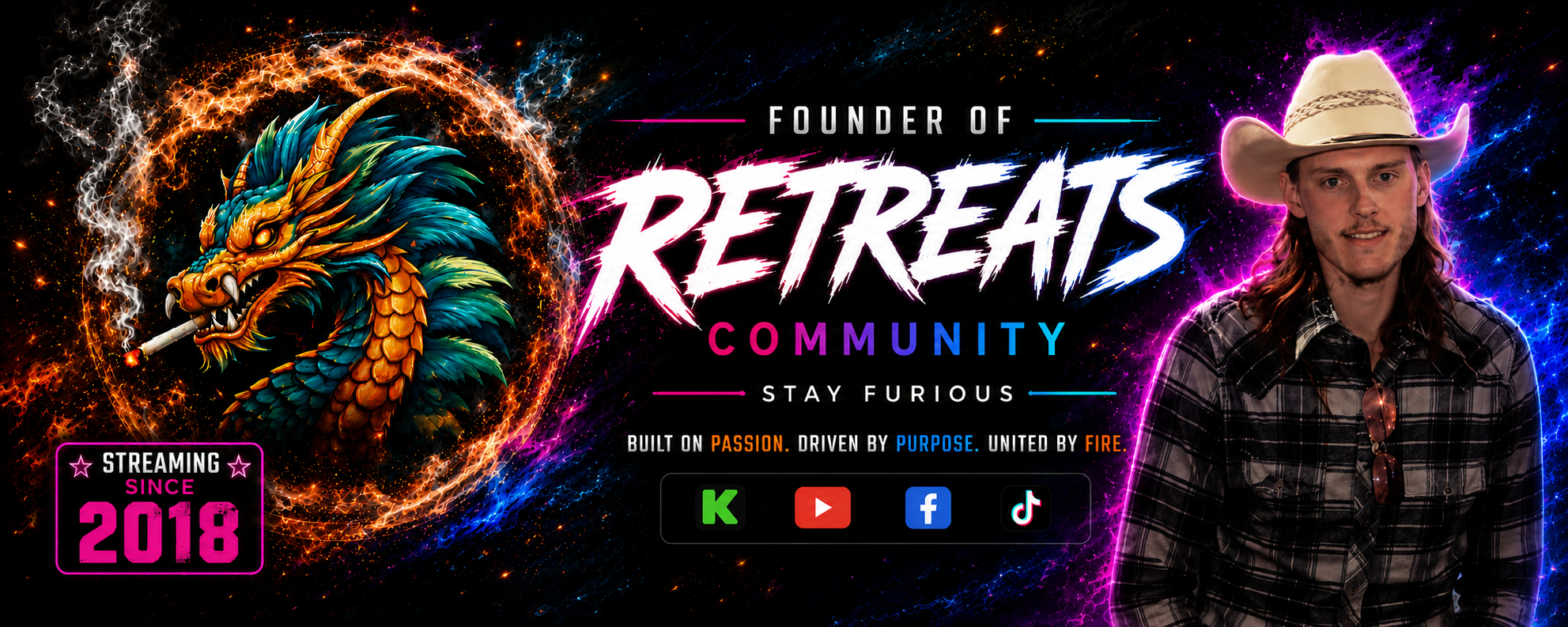 A colorful digital graphic promoting the Retrets community, featuring a fierce dragon smoking a cigarette on the left side and a young man wearing a cowboy hat and plaid shirt on the right. The background is a vibrant, energetic swirl of colors with text mentioning streaming since 2018, and social media icons for KakaoTalk, YouTube, Facebook, and TikTok.