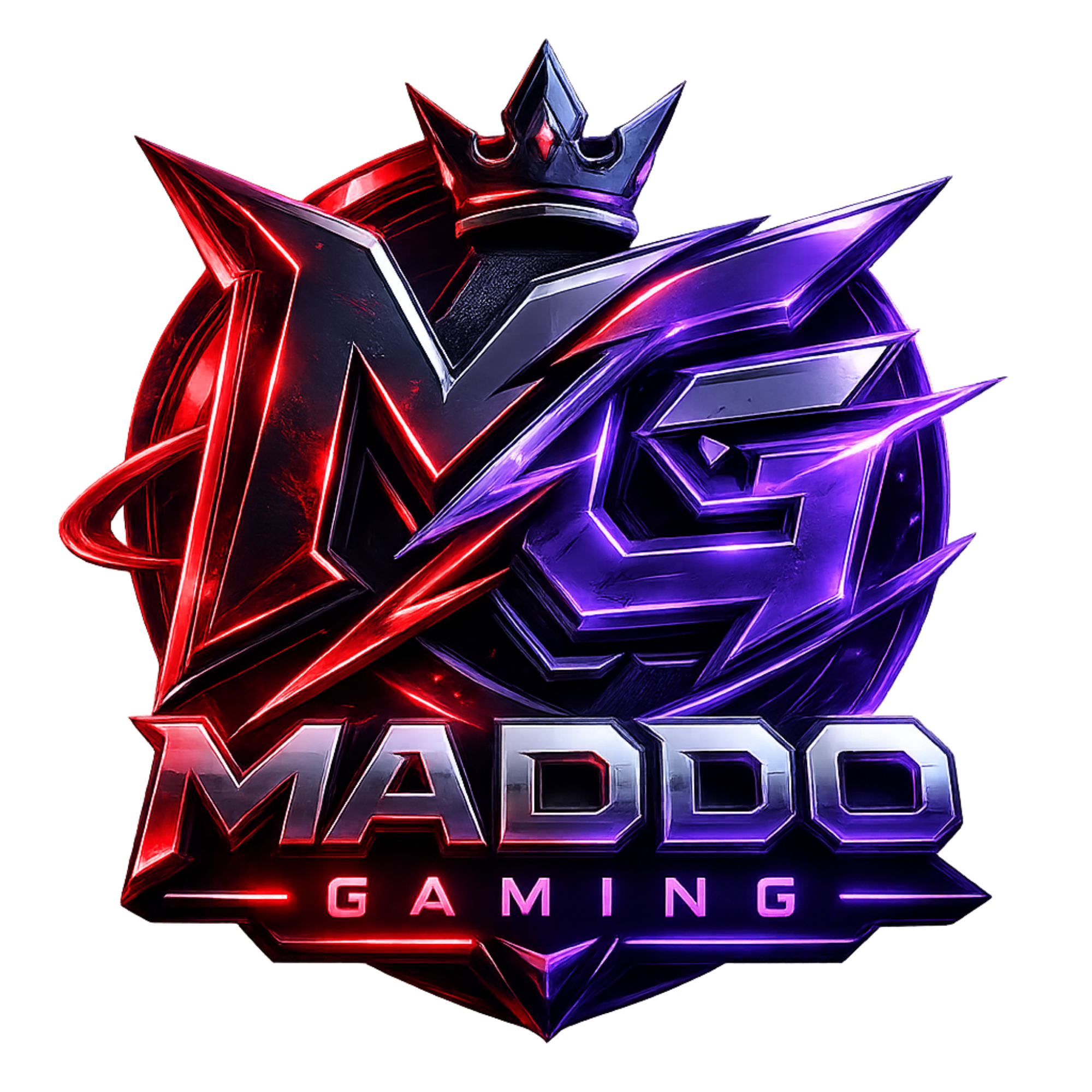 A stylized logo for MAD Gaming, featuring a futuristic, glowing red and purple star-shaped emblem with a crown on top, set against a black background.