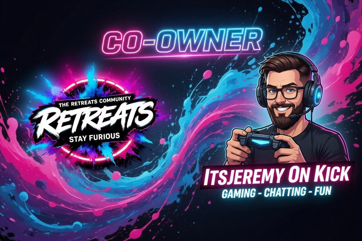 Digital graphic promoting gaming and streaming community, featuring a cartoon-style man with glasses and a headset holding a game controller, vibrant neon colors, swirls, and splashes, with text promoting co-owner, gaming, chatting, and fun.