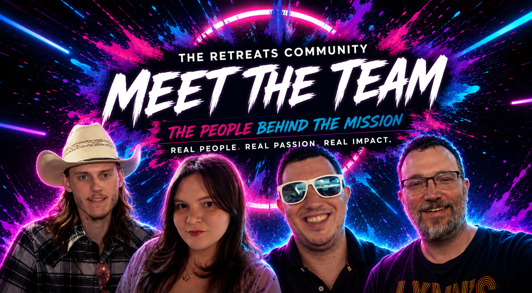 A promotional graphic for The Retreats Community featuring three people smiling in front of a vibrant, neon-colored background with splashes of pink and blue. The text says "Meet the Team" and emphasizes real people behind the mission.