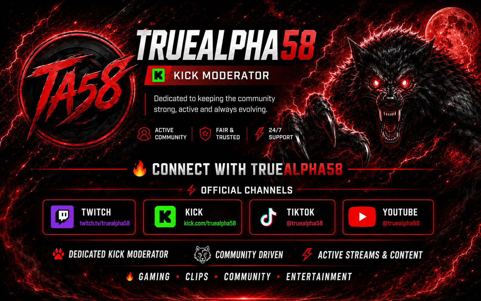 Digital graphic promoting the gaming community TrueAlpha58 with a red and black color theme, featuring a fierce black wolf with glowing red eyes and a full red moon in the background. Includes social media links on Twitch, Kick, TikTok, and YouTube, and highlights features like community, trust, support, and content sharing.