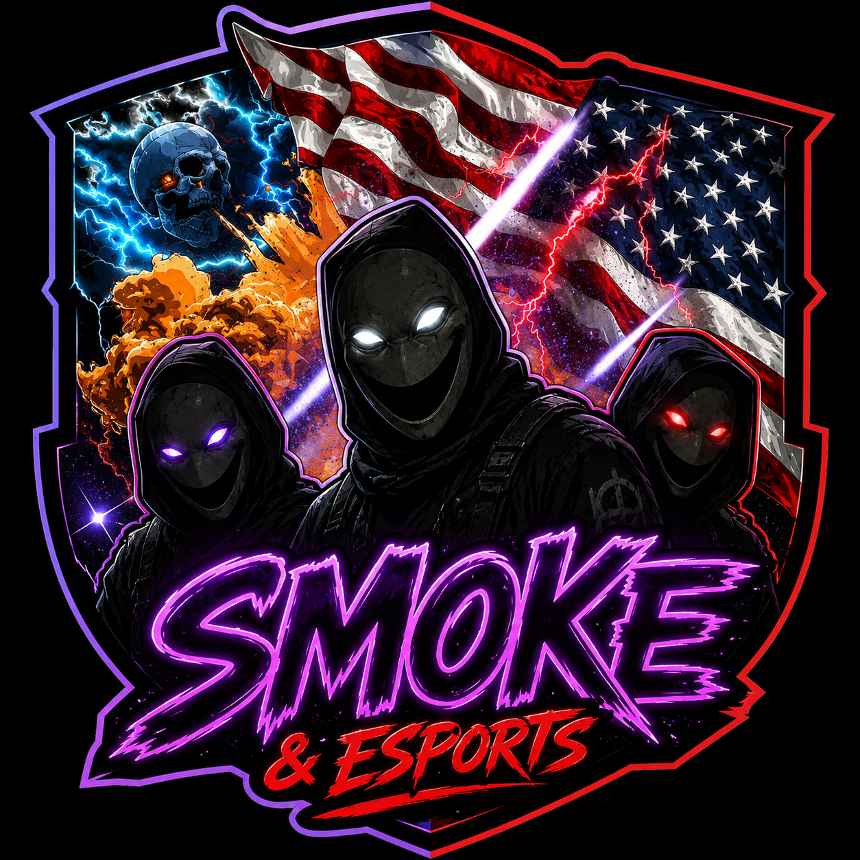 A digital illustration featuring three masked figures with glowing eyes labeled 'Smoke & Esports'. Behind them are American flags, lightning, explosions, and a skull with lightning and flames, all set against a dark background.