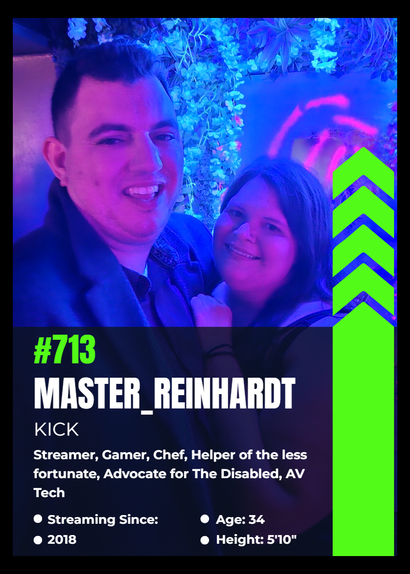 A man and woman smiling and posing together at a colorful event, with blue and purple lighting illuminating greenery in the background, and bright green arrows and text overlays in a profile card style.