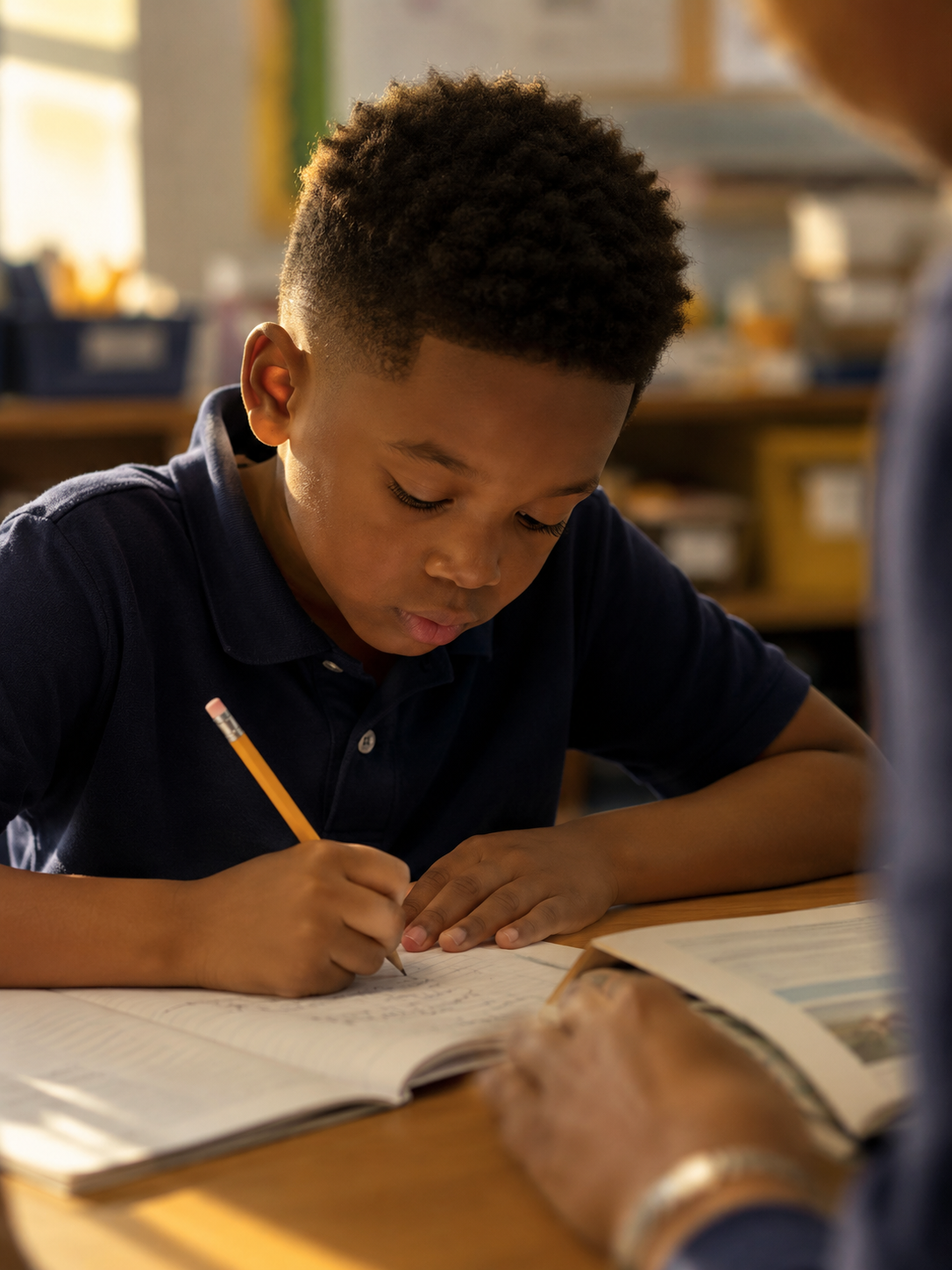 student writing at desk