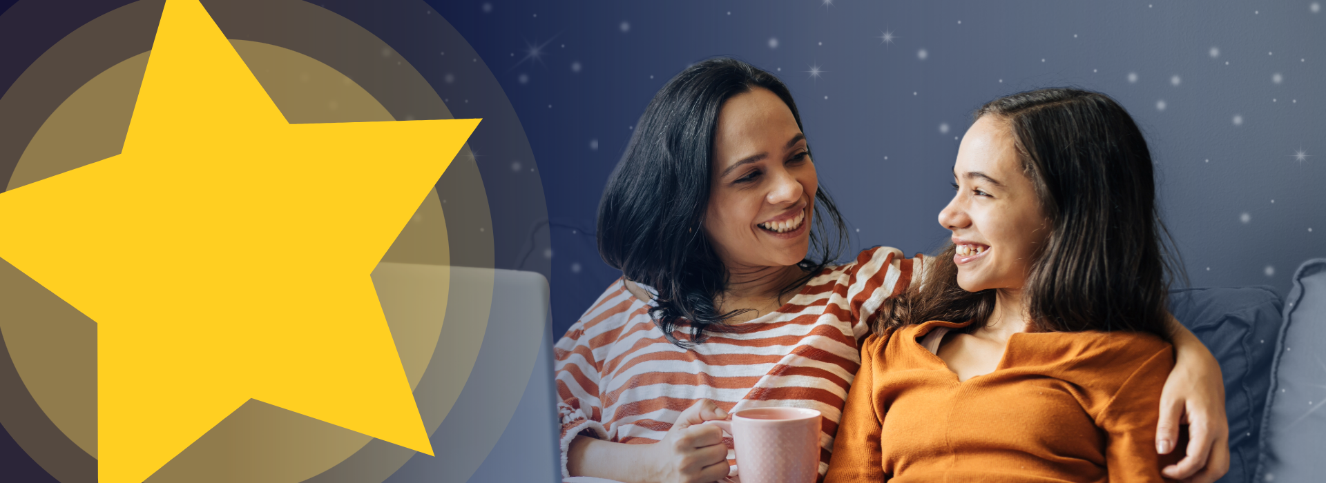 Mother and daughter smiling at each other with a gold star icon