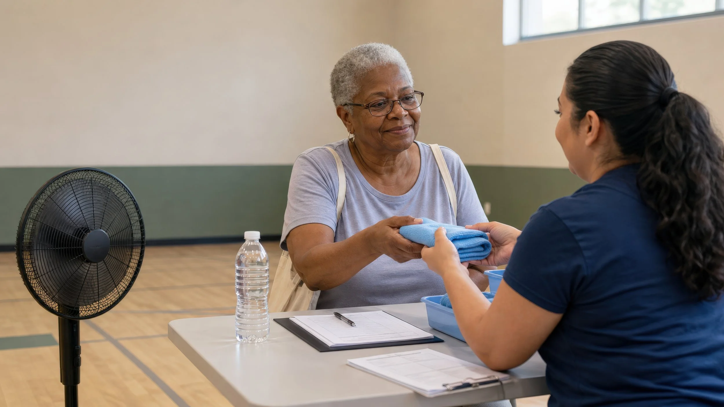 A nurse giving a towel to an elderly woman