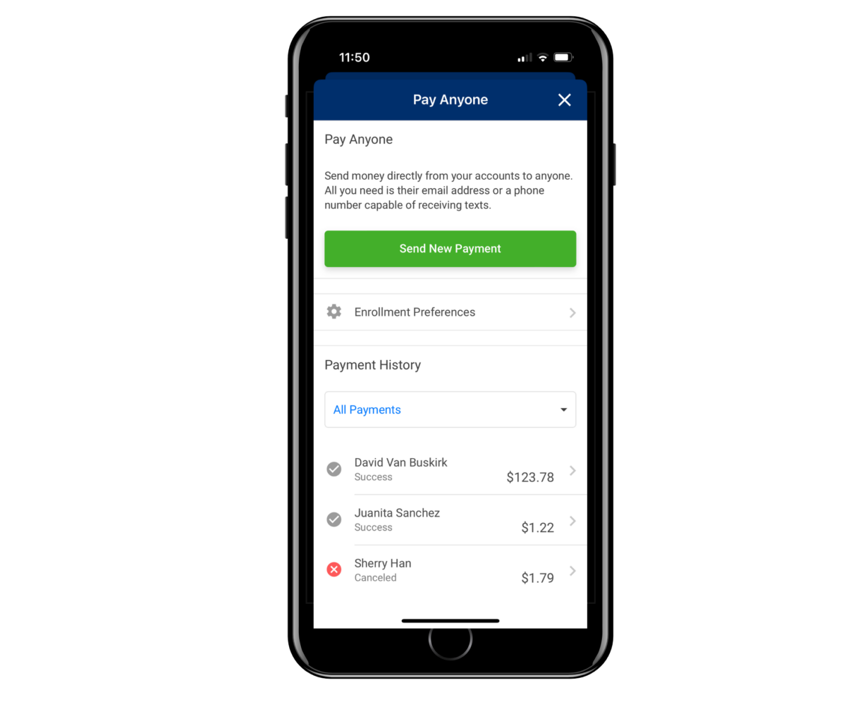 mobile app on how to send payments and see payment history