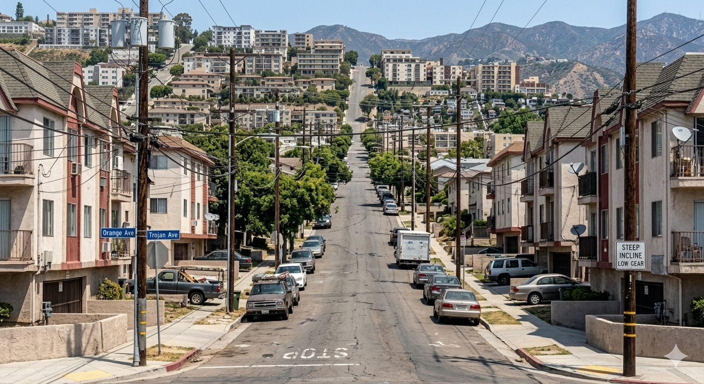 A steep residential street with parked cars on both sides, apartment buildings on either side, power poles and lines, trees, and a visible stop sign at the bottom, with hills and more buildings in the background.