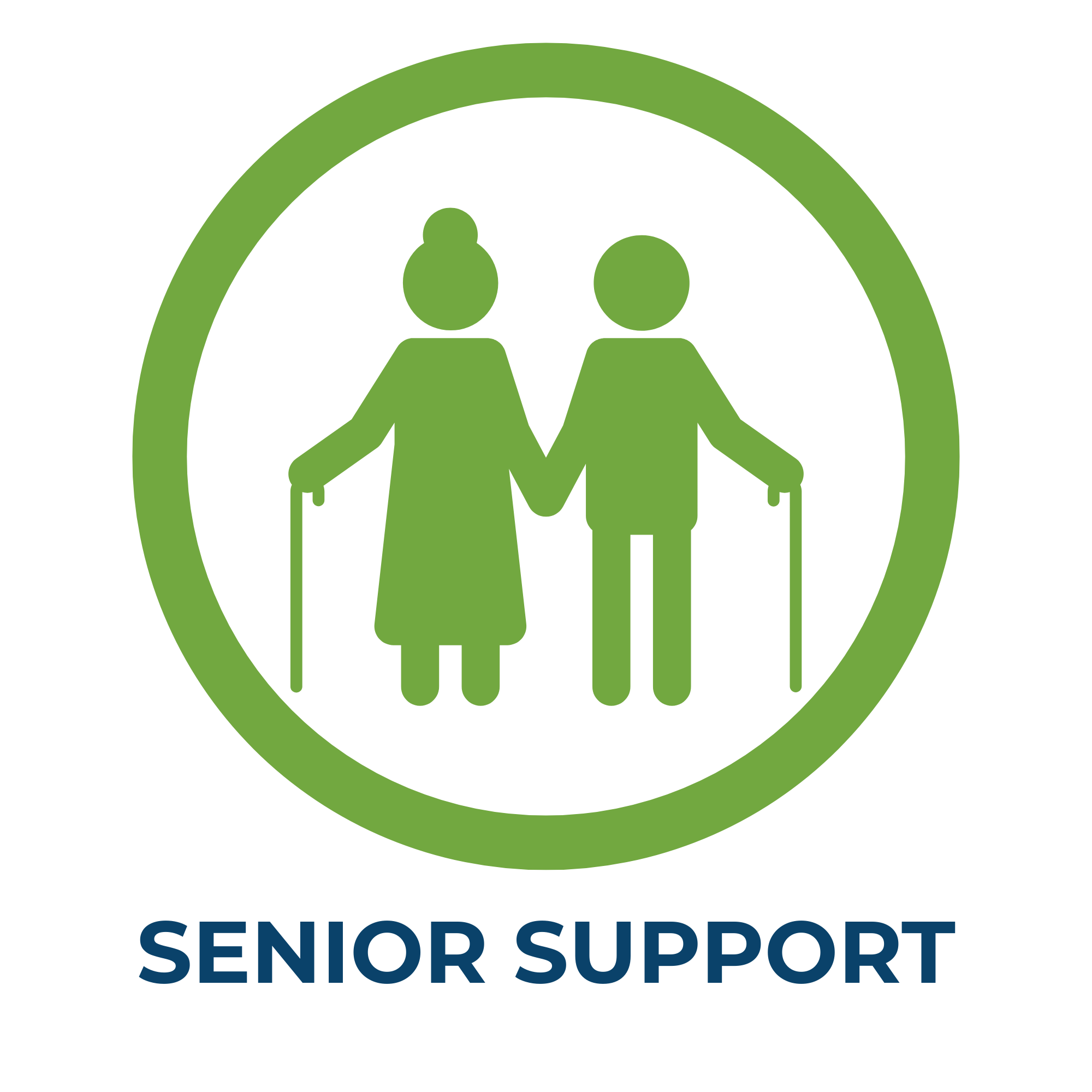 Green and blue logo for Senior Support with two green stylized figures, one with a cane, holding hands inside a green circle.
