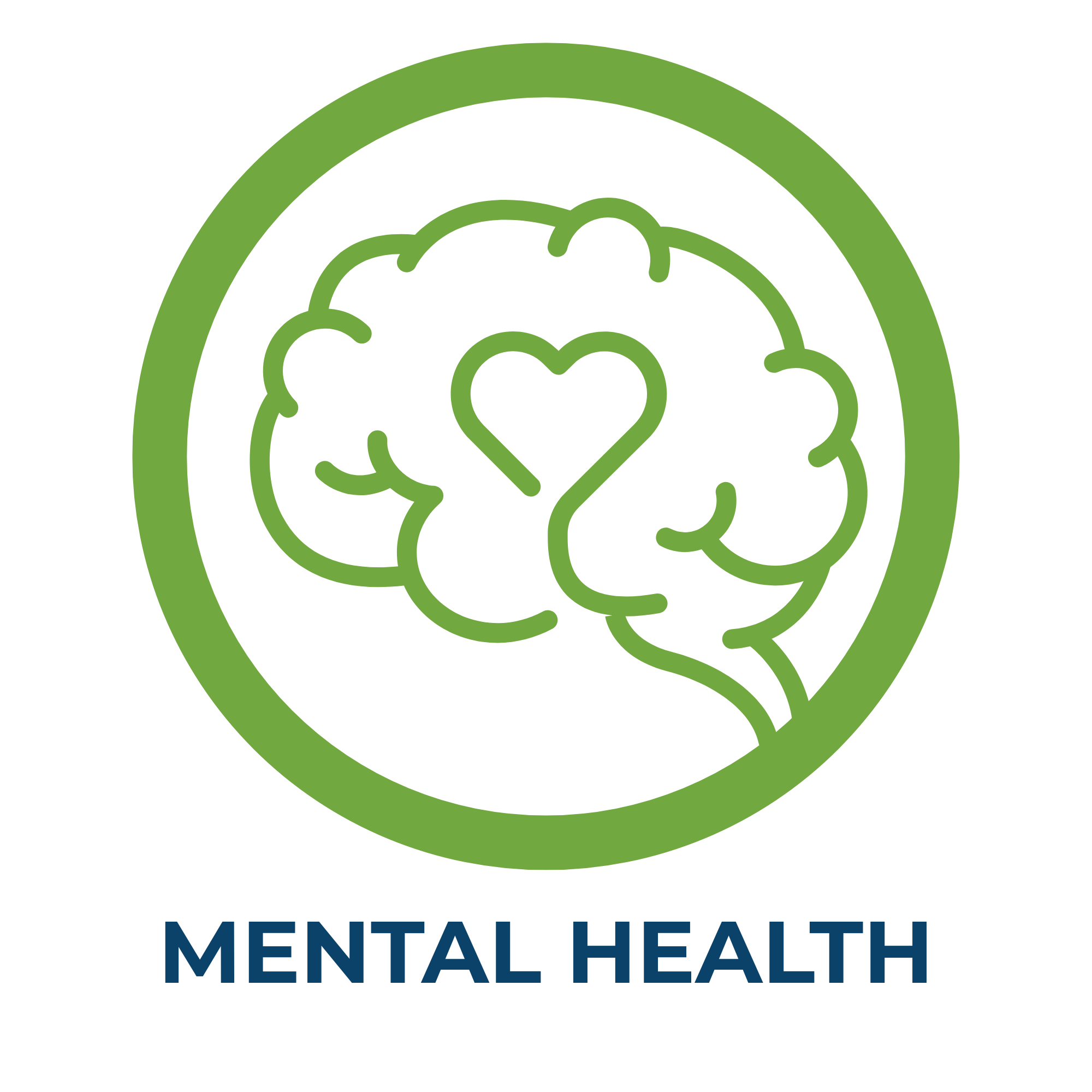 A logo with a green outline of a brain with a heart shape in the center, and the text 'MENTAL HEALTH' below in blue.