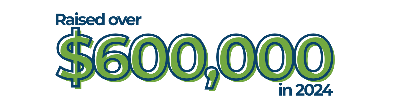 Text stating "Raised over $600,000 in 2024" with large green numbers and smaller blue words