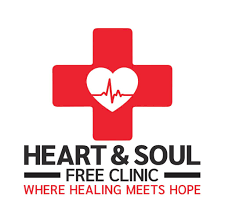 Red medical cross with a heart and heartbeat line inside, and the text 'HEART & SOUL FREE CLINIC WHERE HEALING MEETS HOPE'