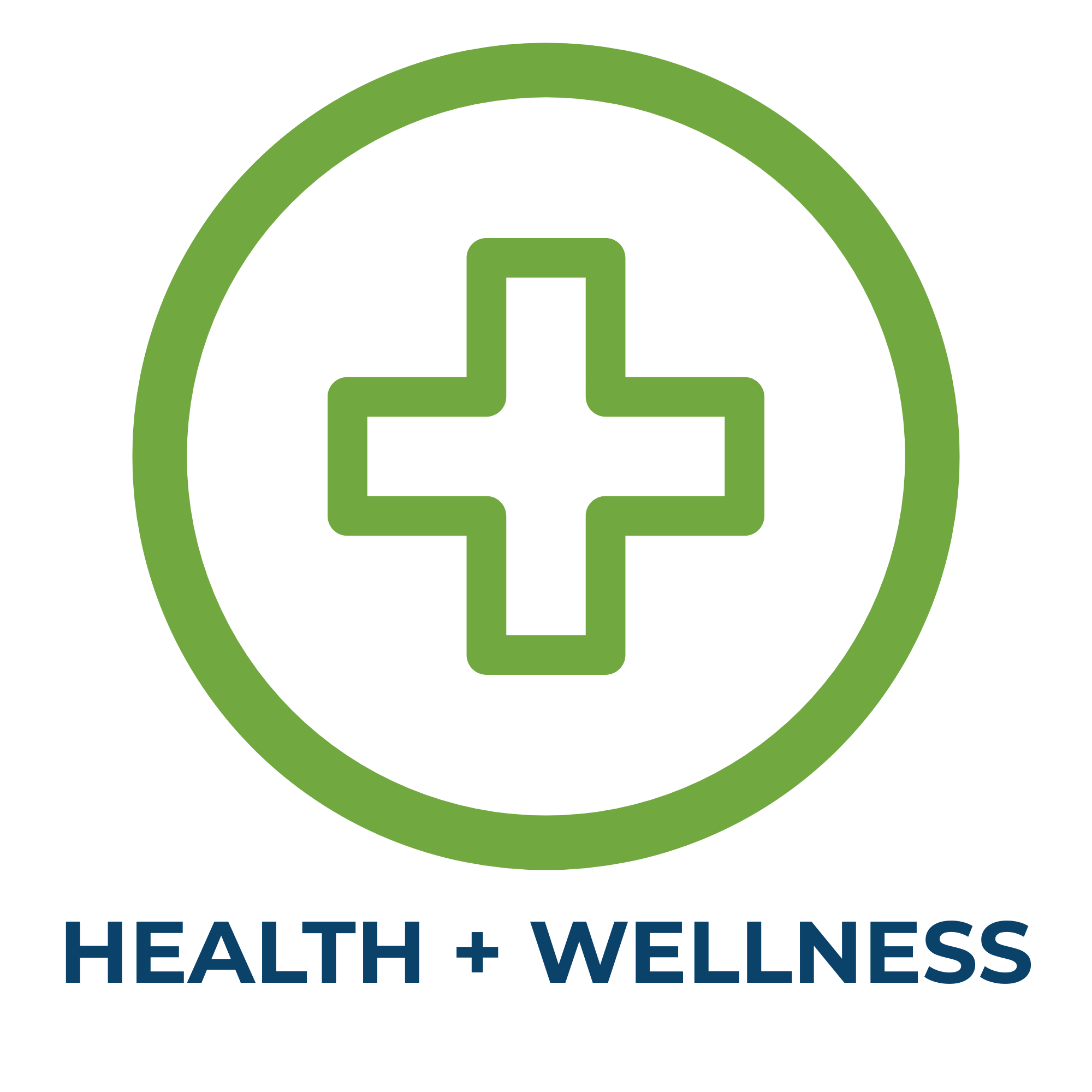 Logo with a green circle and a white medical cross inside, with the words "HEALTH + WELLNESS" below it.