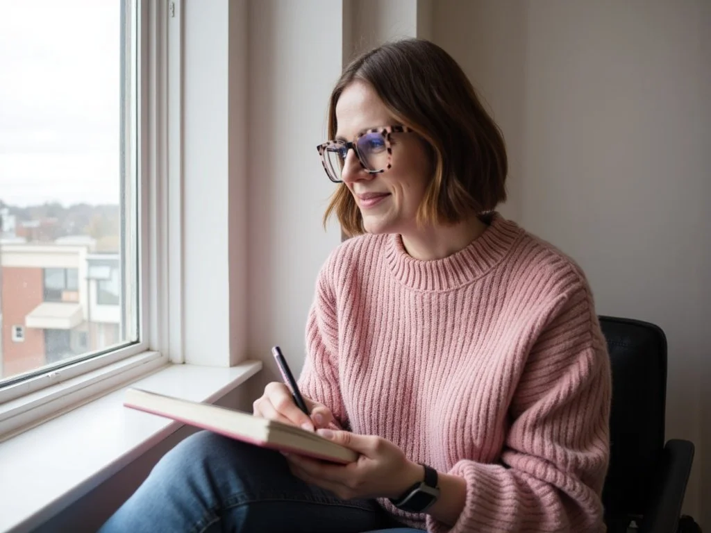 Dr Nicola Sutton, psychologist and founder of Sutton Psychology - a woman with shoulder-length brown hair and glasses, writing in a notebook by a window