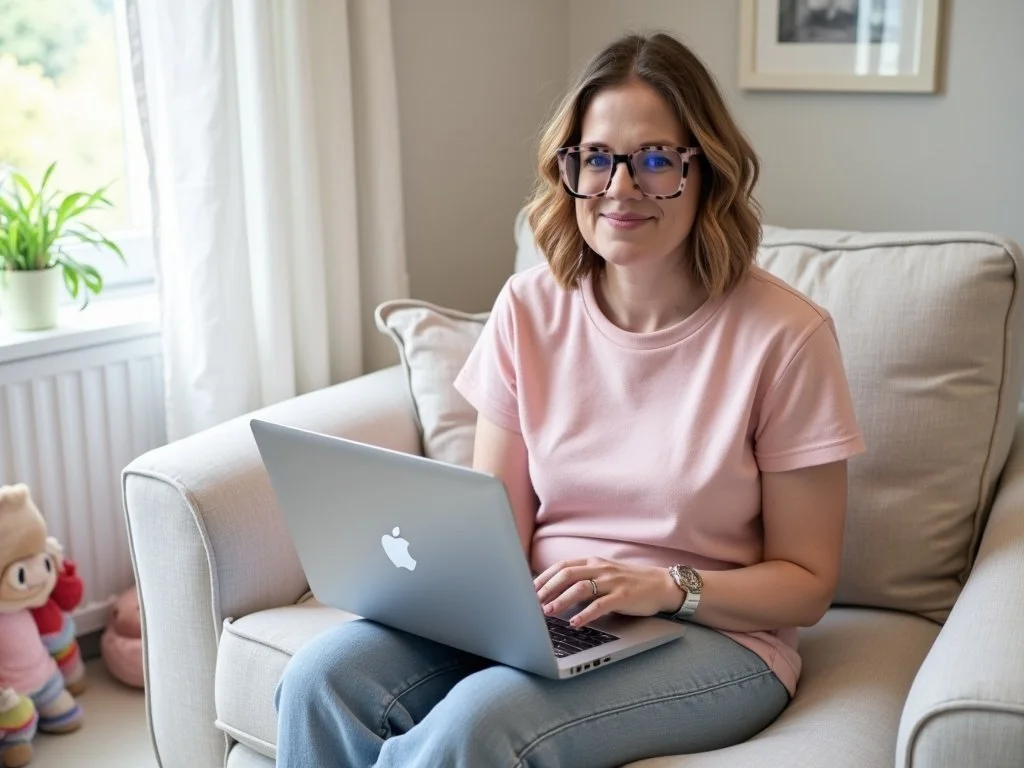 Dr Nicola Sutton, HCPC Registered Psychologist - a woman with glasses and a pink top working on a laptop