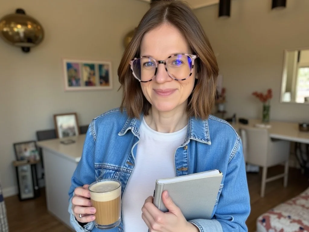 Dr Nicola Sutton, HCPC Registered Psychologist - a woman with shoulder-length brown hair and tortoiseshell glasses, holding a coffee and notebook in a bright home interior