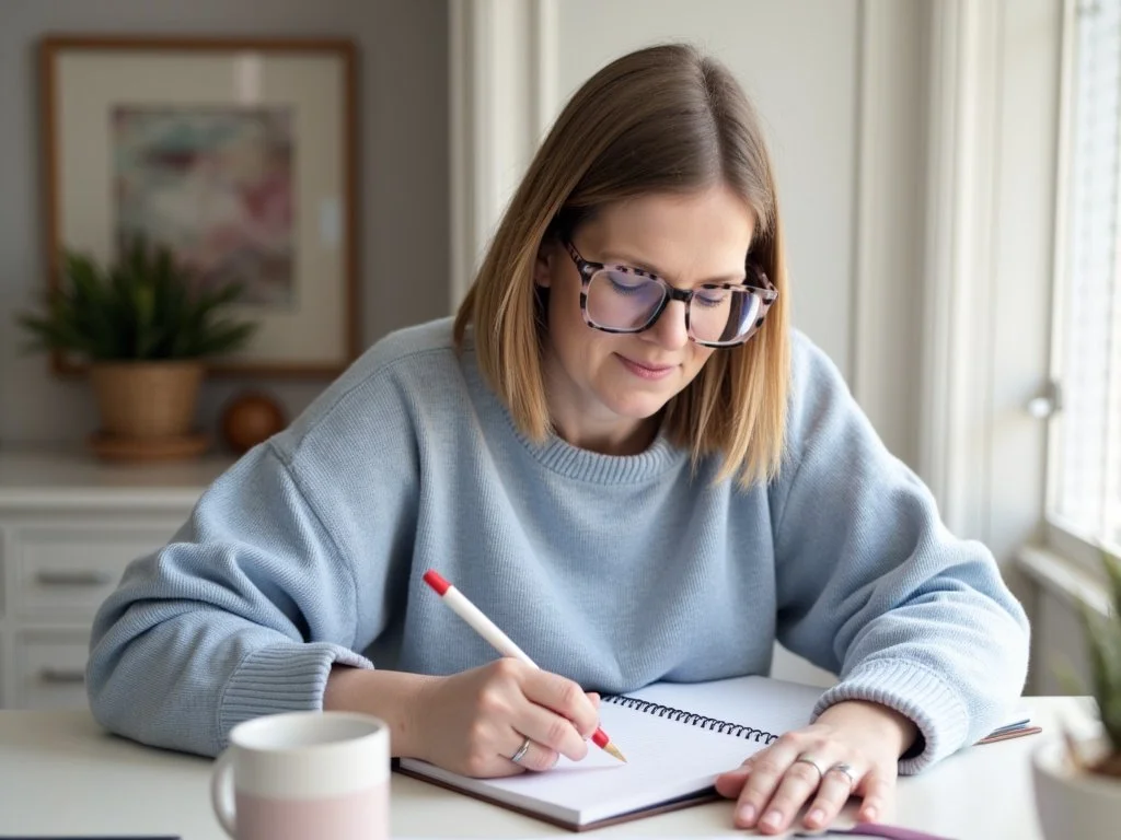 Dr Nicola Sutton, psychologist at Sutton Psychology -- a woman with brown hair and glasses writing in a notebook at a table with a mug nearby