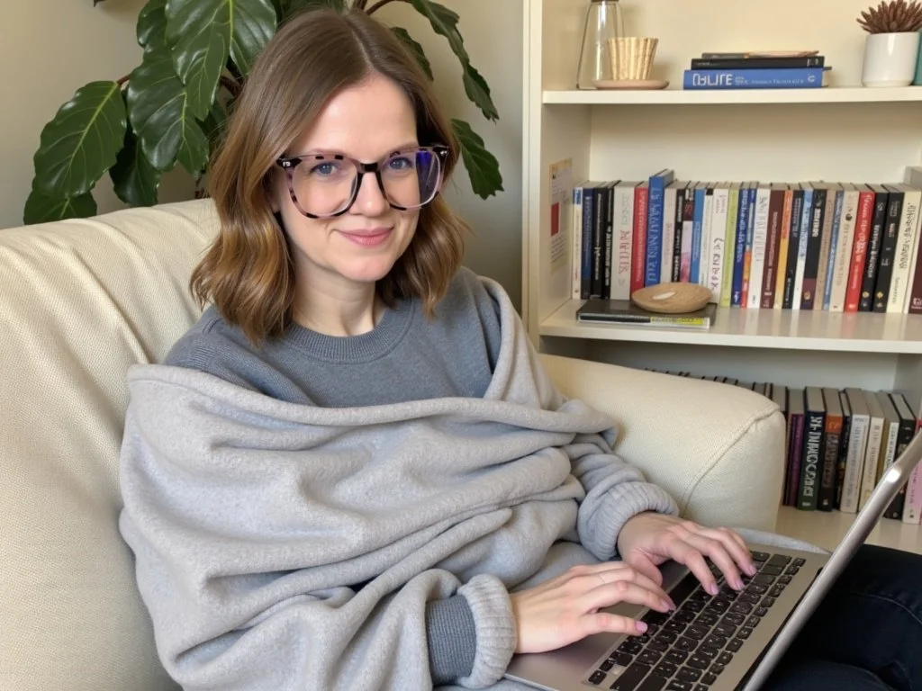 Dr Nicola Sutton, HCPC Registered Psychologist -- a woman with shoulder-length brown hair and glasses using a laptop on a cream sofa, with a bookshelf and plants behind her