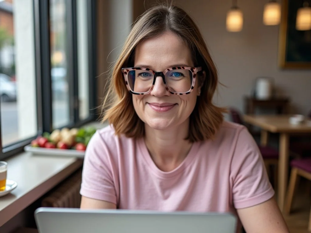 Dr Nicola Sutton, psychologist at Sutton Psychology -- a woman with shoulder-length brown hair and glasses, smiling at a laptop in a warm café setting
